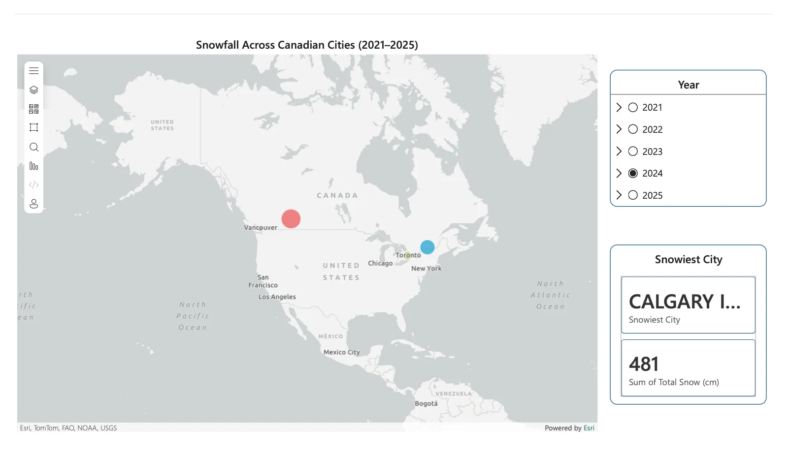 Map of North America with bubbles sized by snowfall at each city, and a card naming Calgary as the snowiest city.